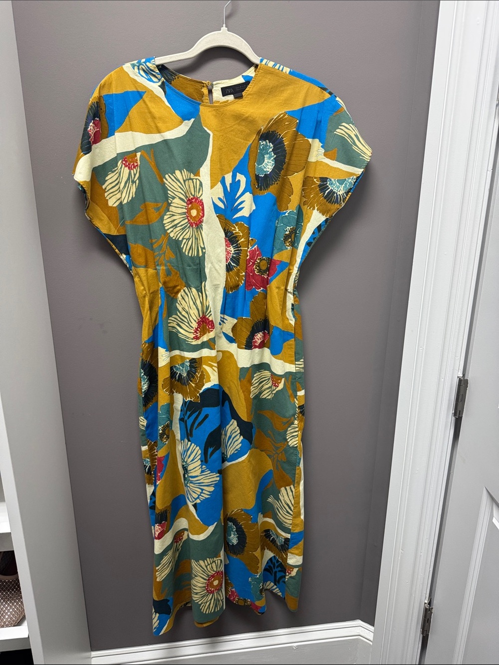 Floral Print Midi Dress in Mustard & Blue